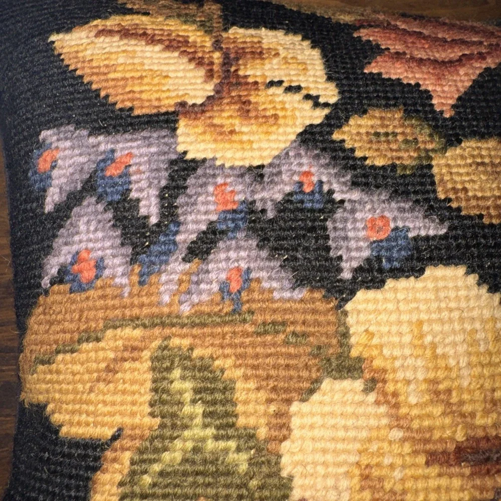 Vintage Floral Wool Black Needlepoint Throw Pillow Cottage Decor 11